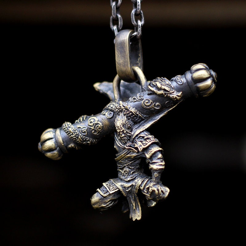 Monkey King 925 Silver Necklace Pendant,Silver/Brass pendant,China Classic Image,Journey to the west,Golden Cudgel-Craftsmen made