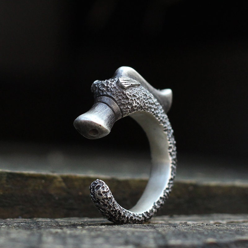 Dragon Pig 925 Silver Ring,Long Yu antique style,China Style,Cute Animal,Innovative,925 Sterling Silver,Brass Open Ring - SATANHORN