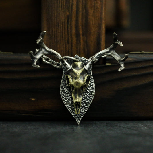 Male deer skull 925Silver/Brass pendant necklace, animal skull 925 silver jewelry, unique handmade necklace pendant-Craftsmen made