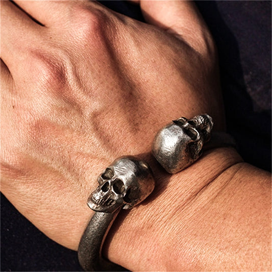 Double Skull 925 Silver Bangles, men's bangles, Double head skull Bangles,sterling silver personality bangles-Craftsmen made - SATANHORN