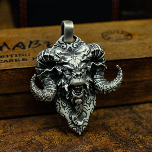 Sheep 925 Silver Pendant Necklace, Devil Sheep Head, Personality Pendant Tag-Craftsmen made
