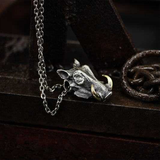 Bucktooth wild boar pendant, Handmade sterling silver animal pendant, Solid personalized gift-Craftsmen made