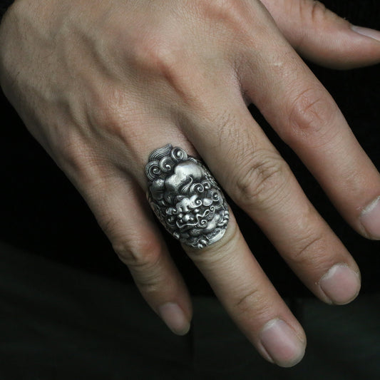 Vintage lion beast 925 silver ring, auspicious cloud lucky ring, small gift sterling silver personality-Craftsmen made - SATANHORN