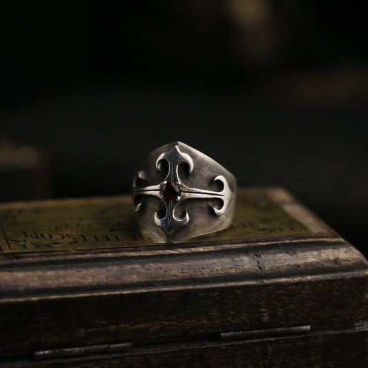Ruby inlaid 925 silver ring, Gift for mother,Palace Gothic vintage cross ring, Sterling silver personalized gift - Craftsman Made - SATANHORN