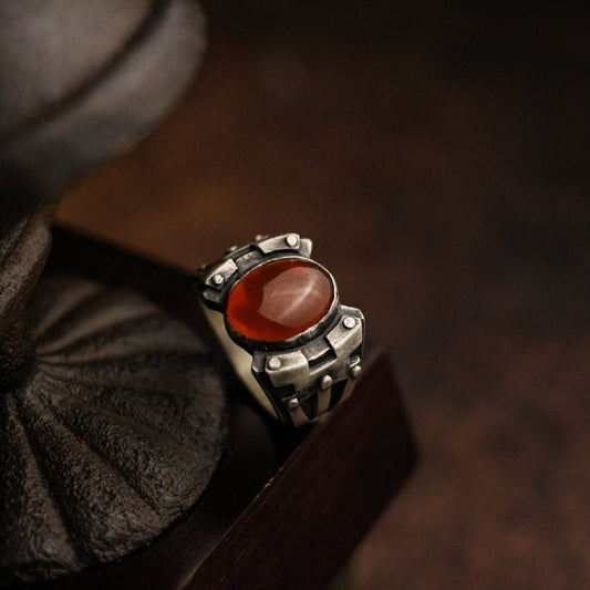 Doomsday Wasteland Mecha 925 Silver Ring, Ruby Inlaid Ring, Sterling Silver Gothic Retro Cyberpunk-Crafted by Craftsman - SATANHORN