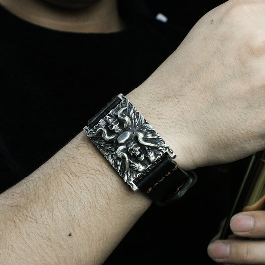 Devil Sheep - Leather 925 Silver bracelet bangles, imitation watch sterling silver decoration,personalized wrist jewelry - Crafted Made