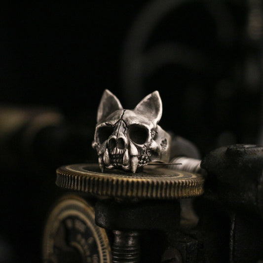 Cat skull 925 silver ring, fierce skull ring, handmade sterling silver vintage punk personalized gift-crafted by craftsman - SATANHORN
