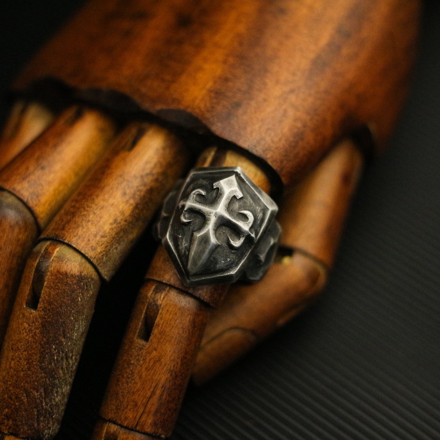 Cross shield 925 silver ring, cross print ring, sterling silver brass vintage dark Court style gift for men - Craftsman made - SATANHORN