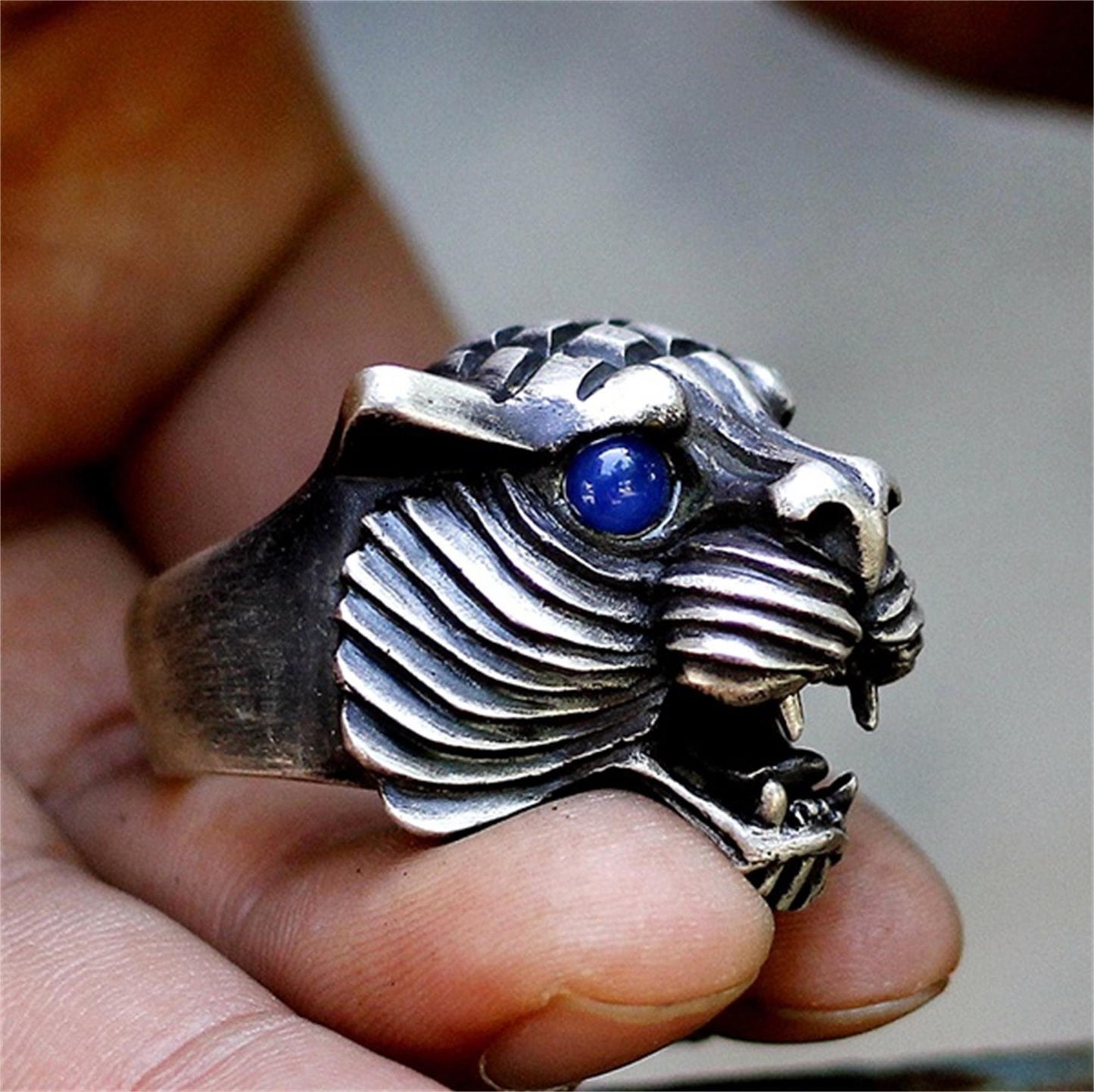 Original Open Mouth Roaring Tiger 925 Silver Ring,Harley Realistic Locomotive Men and Women Ring - Craftsman made