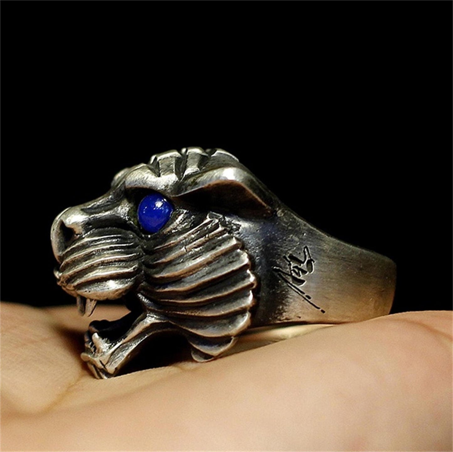 Original Open Mouth Roaring Tiger 925 Silver Ring,Harley Realistic Locomotive Men and Women Ring - Craftsman made