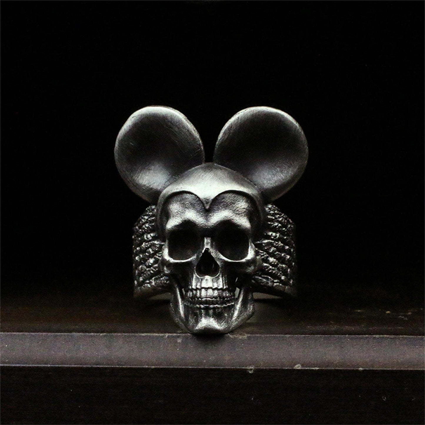 Handmade 925 Silver Oxidized Imitation Natural Texture Skull Wide Ring Fantasy Jewelry - SATANHORN