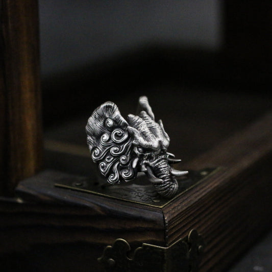 Six-tooth Elephant 925 Silver Ring - Buddhist Mount Sterling silver Ring - Crafted Made - SATANHORN