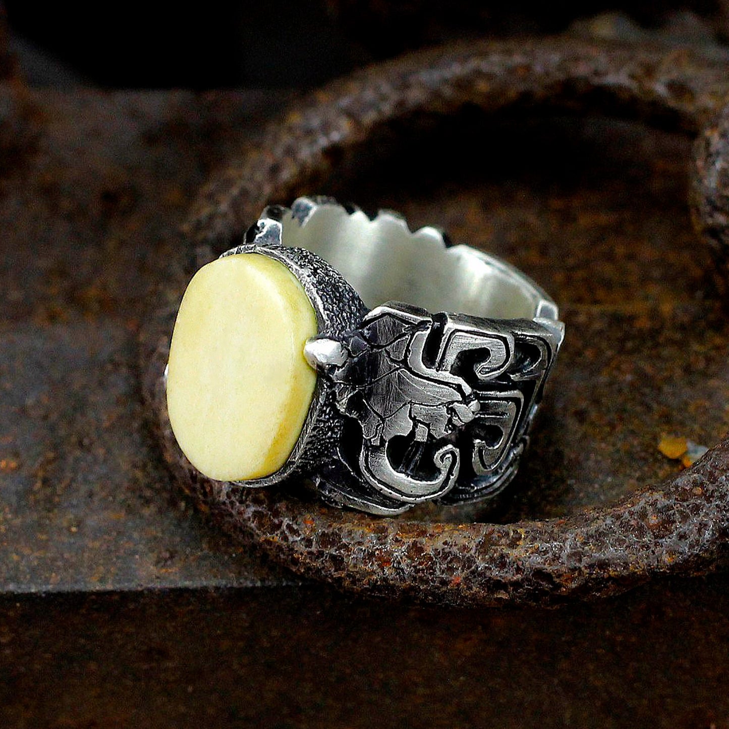 Inlaid antler 925 Silver ring, bone brass ring, gluttonous monster texture personalized ring gift-Craftsmen made - SATANHORN