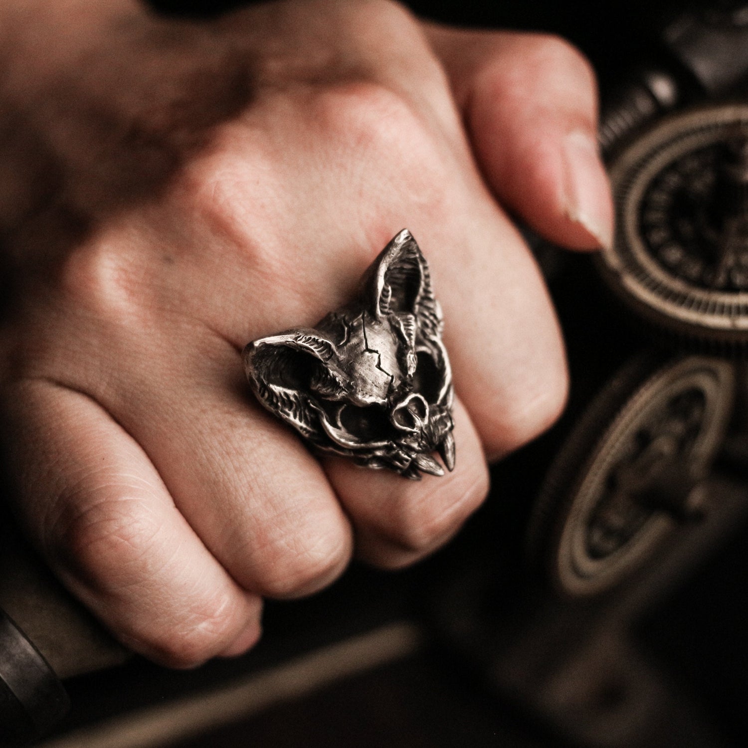 Skull cat 925 Silver Ring, beast skull design ring, handmade sterling silver vintage punk personalized gift-crafted by craftsman - SATANHORN