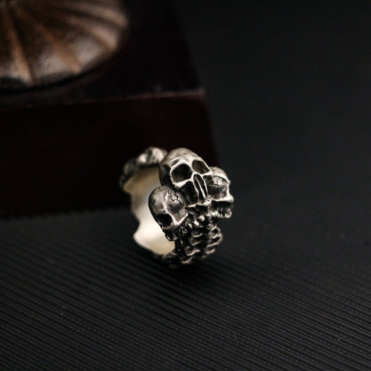 Three-headed skull 925 silver ring, Three ghost soul ring, sterling silver brass retro dark punk personality men’s gift - Craftsman made - SATANHORN