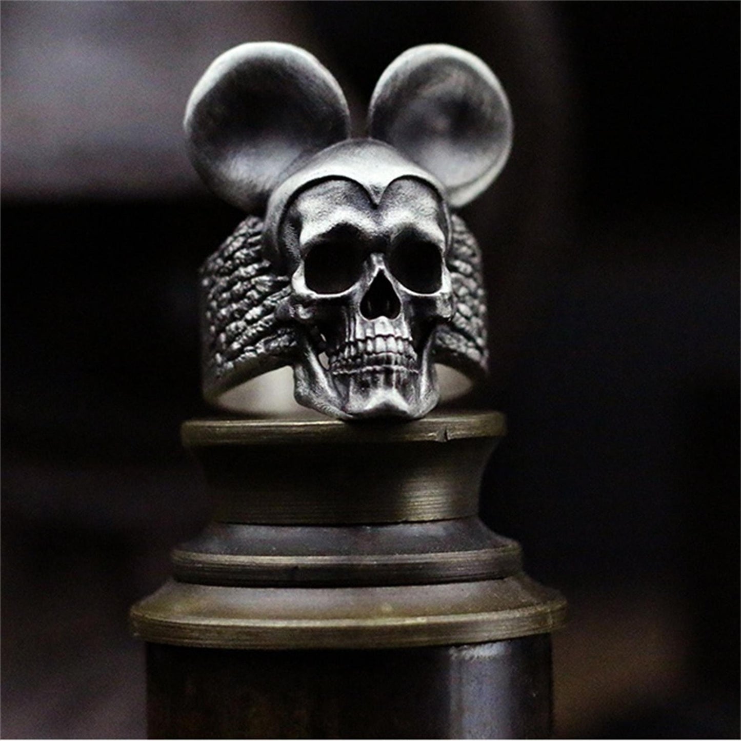 Handmade 925 Silver Oxidized Imitation Natural Texture Skull Wide Ring Fantasy Jewelry - SATANHORN