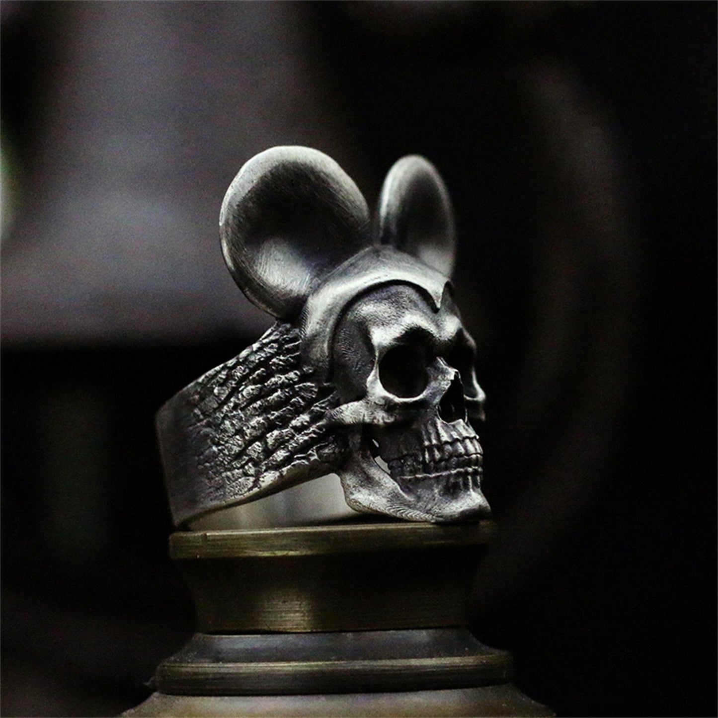 Handmade 925 Silver Oxidized Imitation Natural Texture Skull Wide Ring Fantasy Jewelry - SATANHORN
