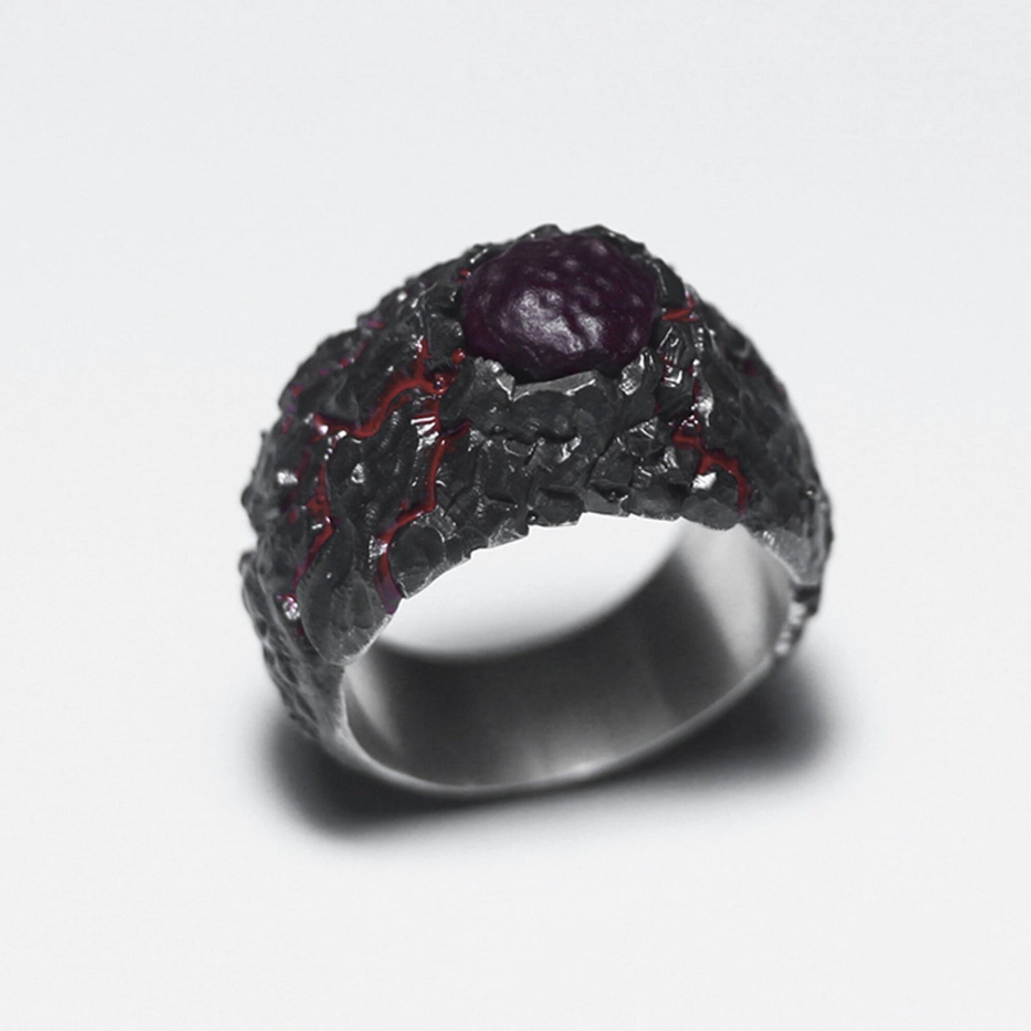 Textured 925 Silver Ring,Crackle Ring,Lava texture ring,Inlaid red agate ring,Unique Gift-Craftsman made