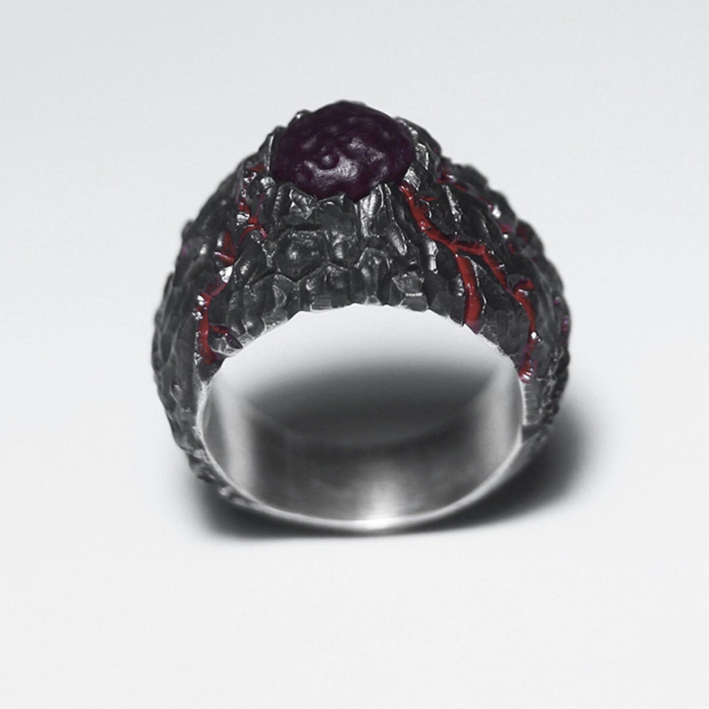 Textured 925 Silver Ring,Crackle Ring,Lava texture ring,Inlaid red agate ring,Unique Gift-Craftsman made