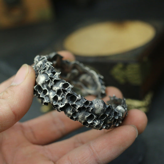 Thousand Faces Skull 925 Silver bangle bracelet, death ghost bracelet , Hell bangle, dark grave jewelry - Craftsman made