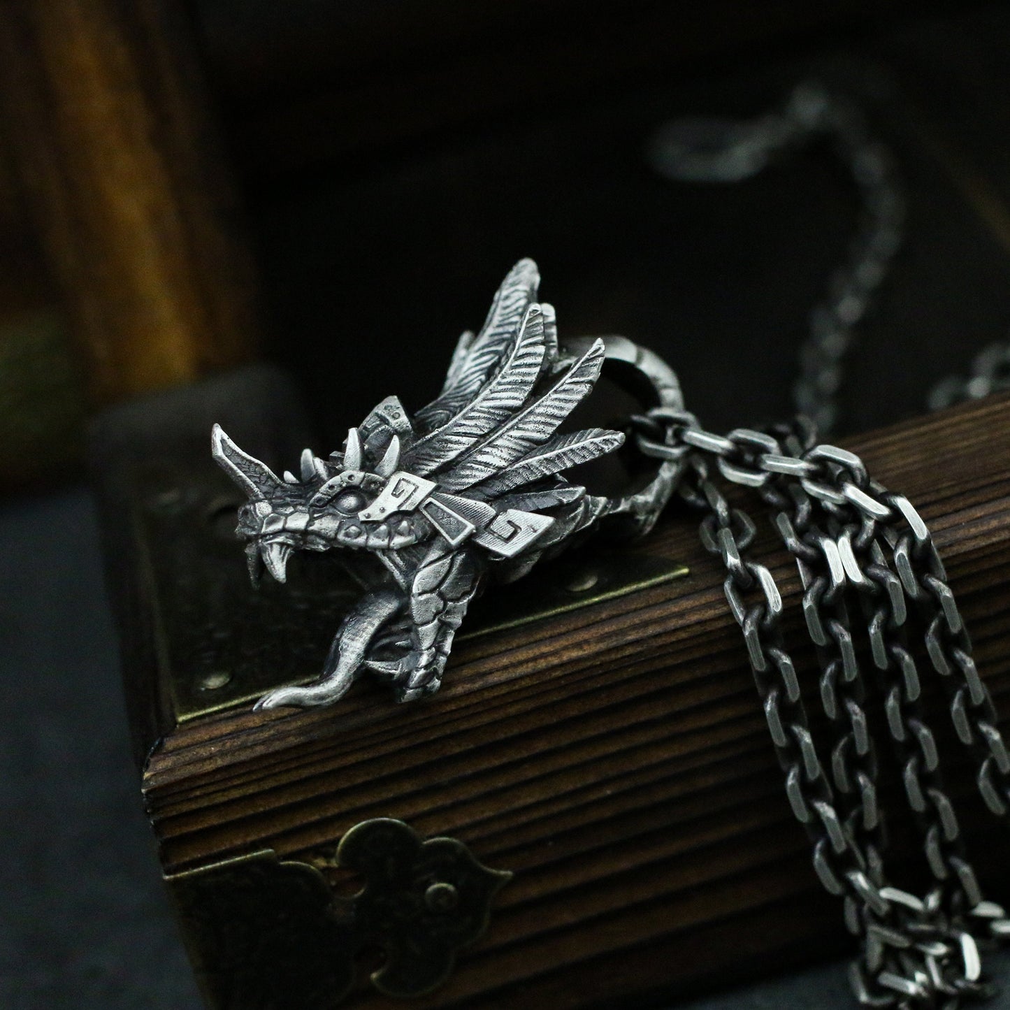 Quetzalcoatl 925 silver pendant necklace, Mayan mythological snake god pendant necklace, feathered snake-Craftsmen made - SATANHORN