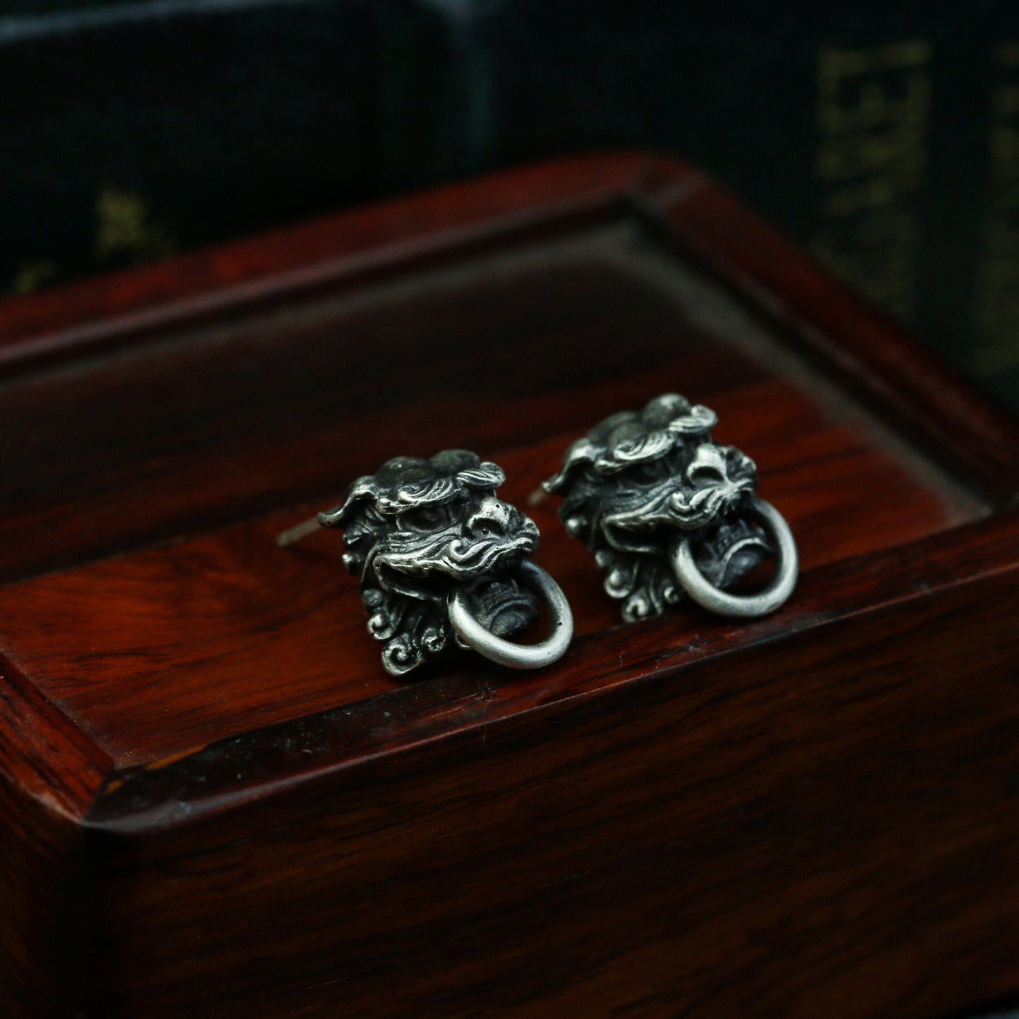 925 silver Lion Ear studs, oriental style lion earrings, solid sterling silver handmade ear decoration gift-Craftsmen made