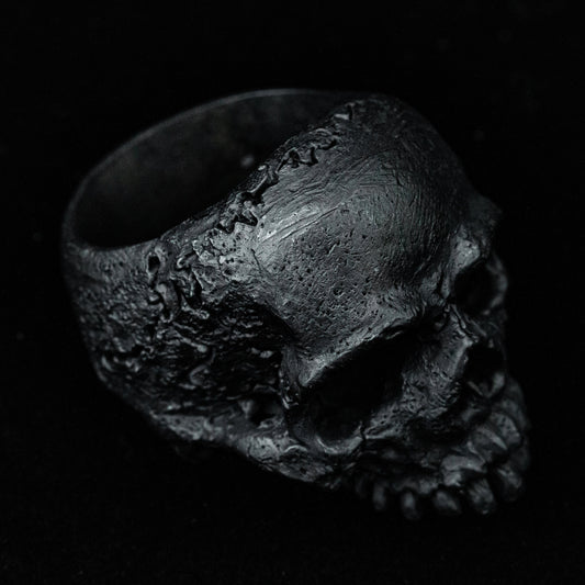 silver skull ring, vintage ring, skull jewelry, Black Gems Skull ring Large half jaw silver men skull biker masonic handmade jewelry