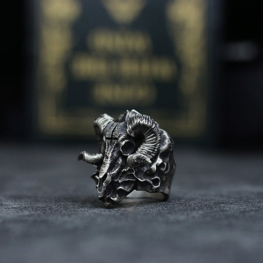 Sheep head skull 925 Silver Ring, evil mythological belief dark pendant necklace - Craftsman made - SATANHORN