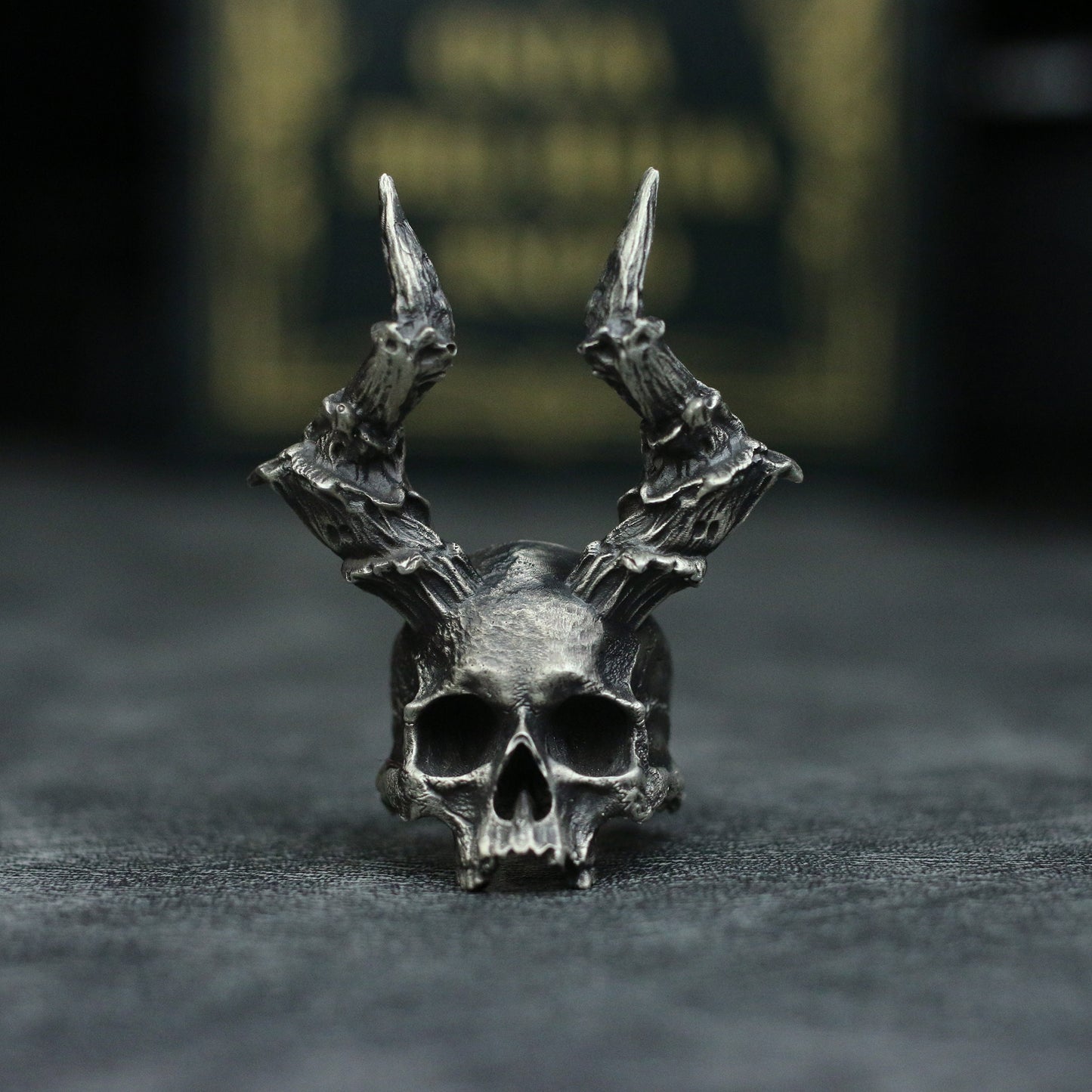 Devil skull 925 Silver Ring, long horned skull solid sterling silver brass ring-Craftsmen made