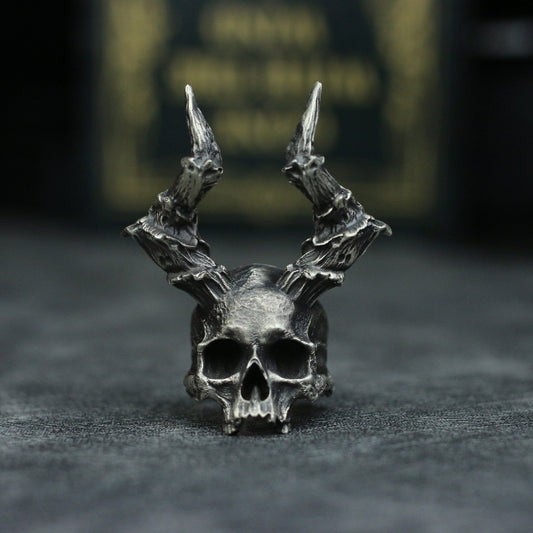 Devil skull 925 Silver Ring, long horned skull solid sterling silver brass ring-Craftsmen made - SATANHORN