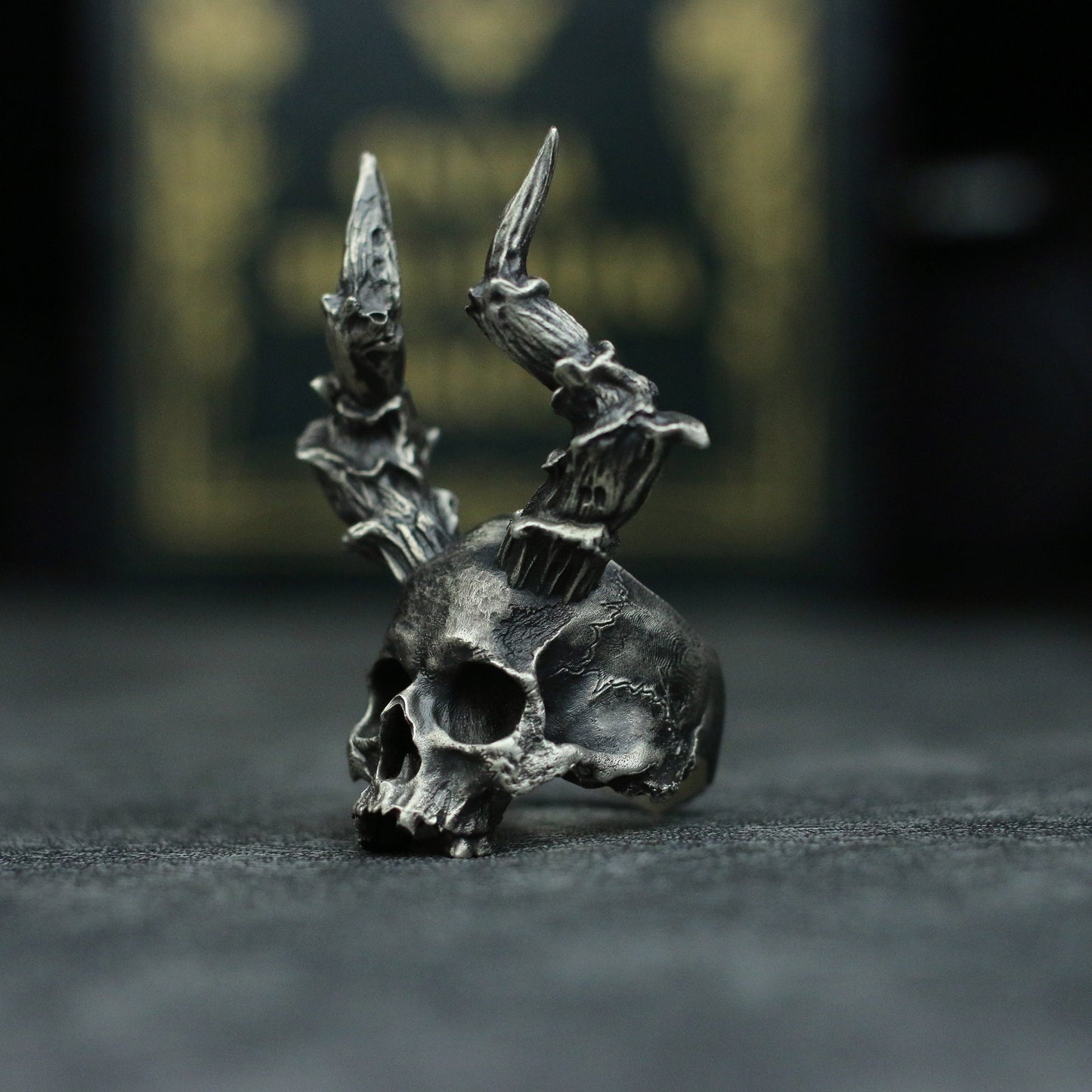 Devil skull 925 Silver Ring, long horned skull solid sterling silver brass ring-Craftsmen made