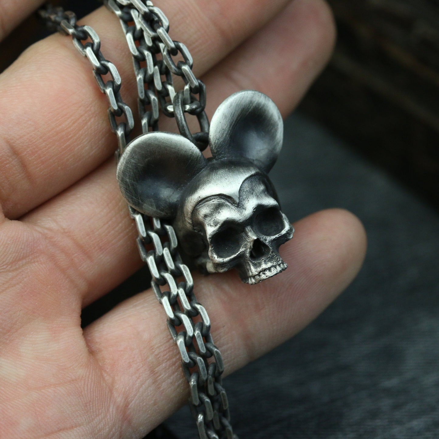 925Silver Lunar Eclipse Big Ear Skull Necklace/Charm/Pendant Fantasy Jewelry