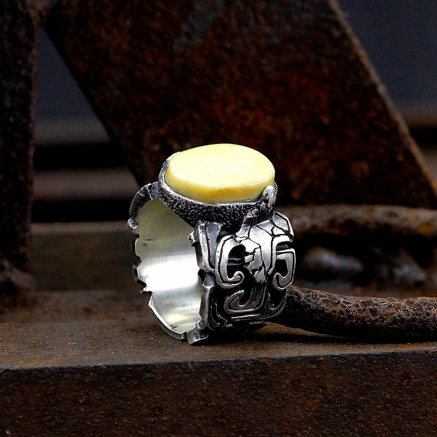 Inlaid antler 925 Silver ring, bone brass ring, gluttonous monster texture personalized ring gift-Craftsmen made - SATANHORN