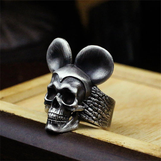 Handmade 925 Silver Oxidized Imitation Natural Texture Skull Wide Ring Fantasy Jewelry - SATANHORN