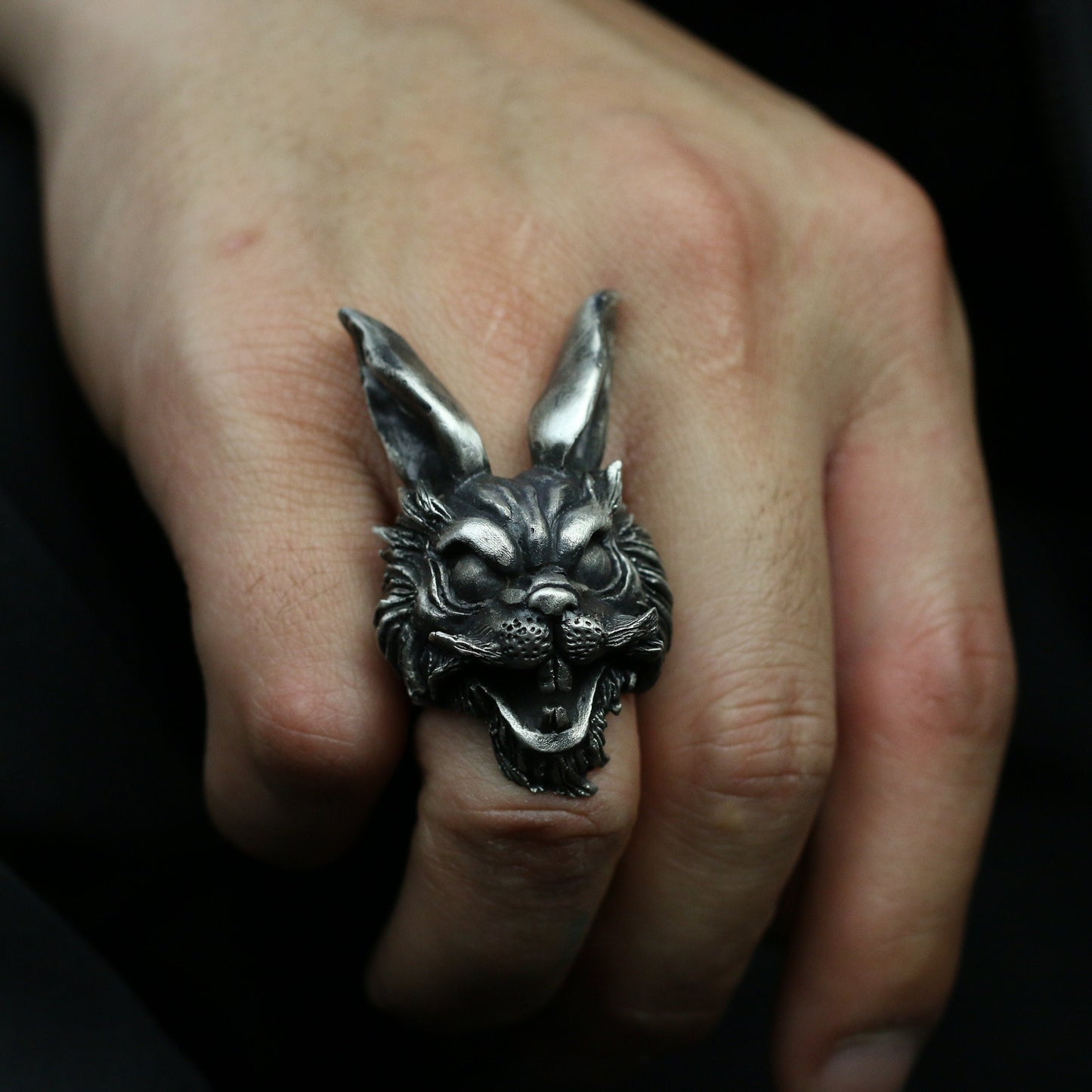 Long-eared rabbit 925 silver ring, dark gothic rabbit, grimace animal sterling silver ring-craftsman made