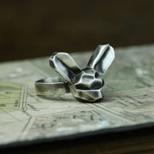 Long-eared rabbit 925 silver ring, rabbit abstract silver ring, simple animal ring sterling silver brass jewelry-Craftsmen made - SATANHORN