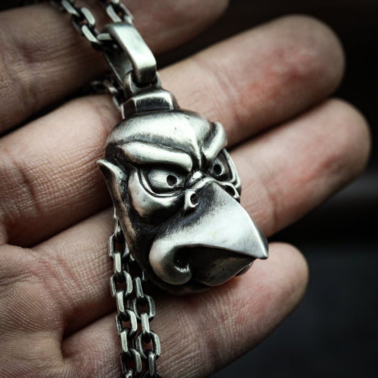 Karasu Tengu Japanese 925 Silver Dorei Bell Karasu kabuto necklace pendant, Crow Tengu Pair Samurai Battle Patch Karasu - Craftsmen made