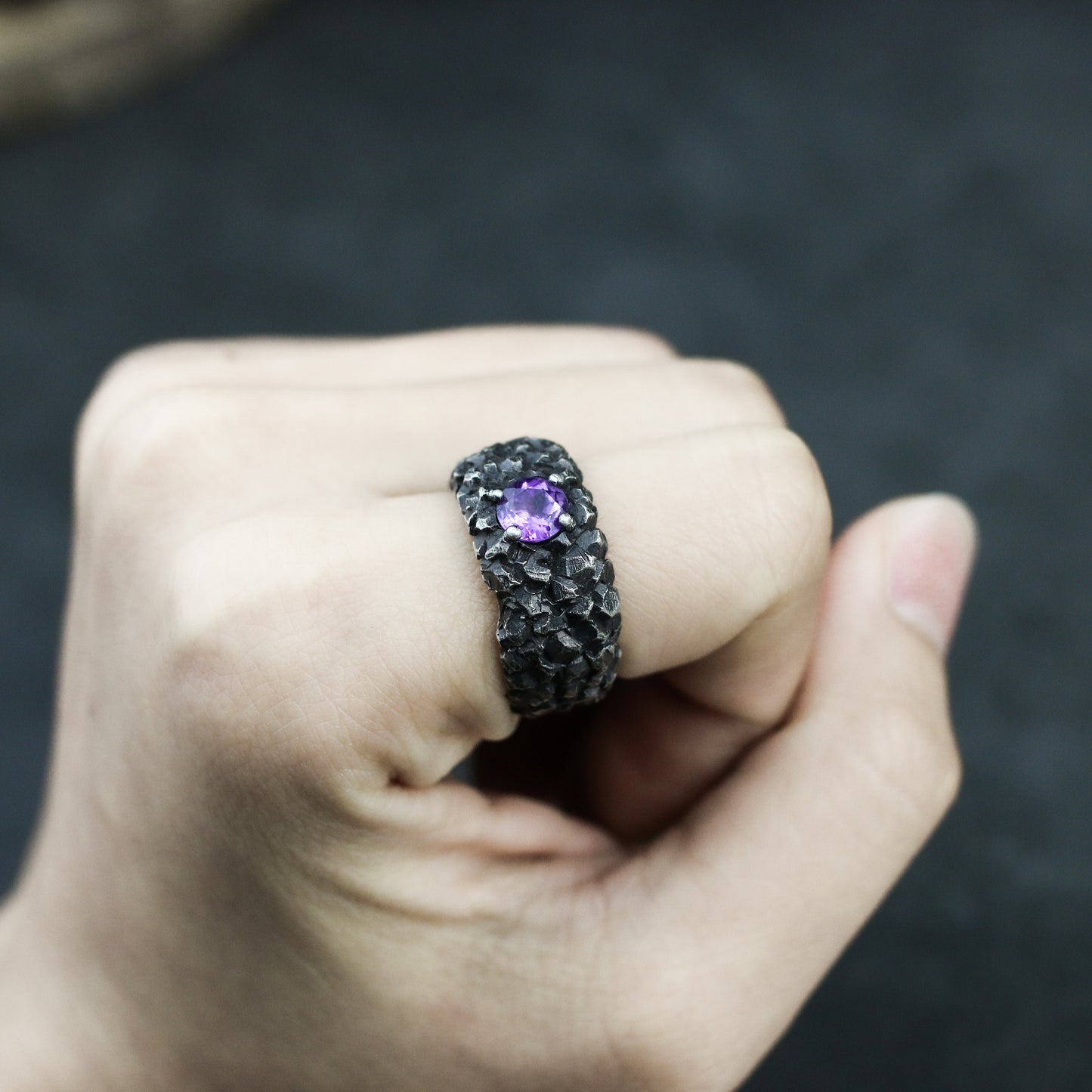 Rock 925 silver ring, Inlaid amethyst couple ring, Chinese five elements Earth ring, holiday gift jewelry sterling silver-Craftsman made - SATANHORN