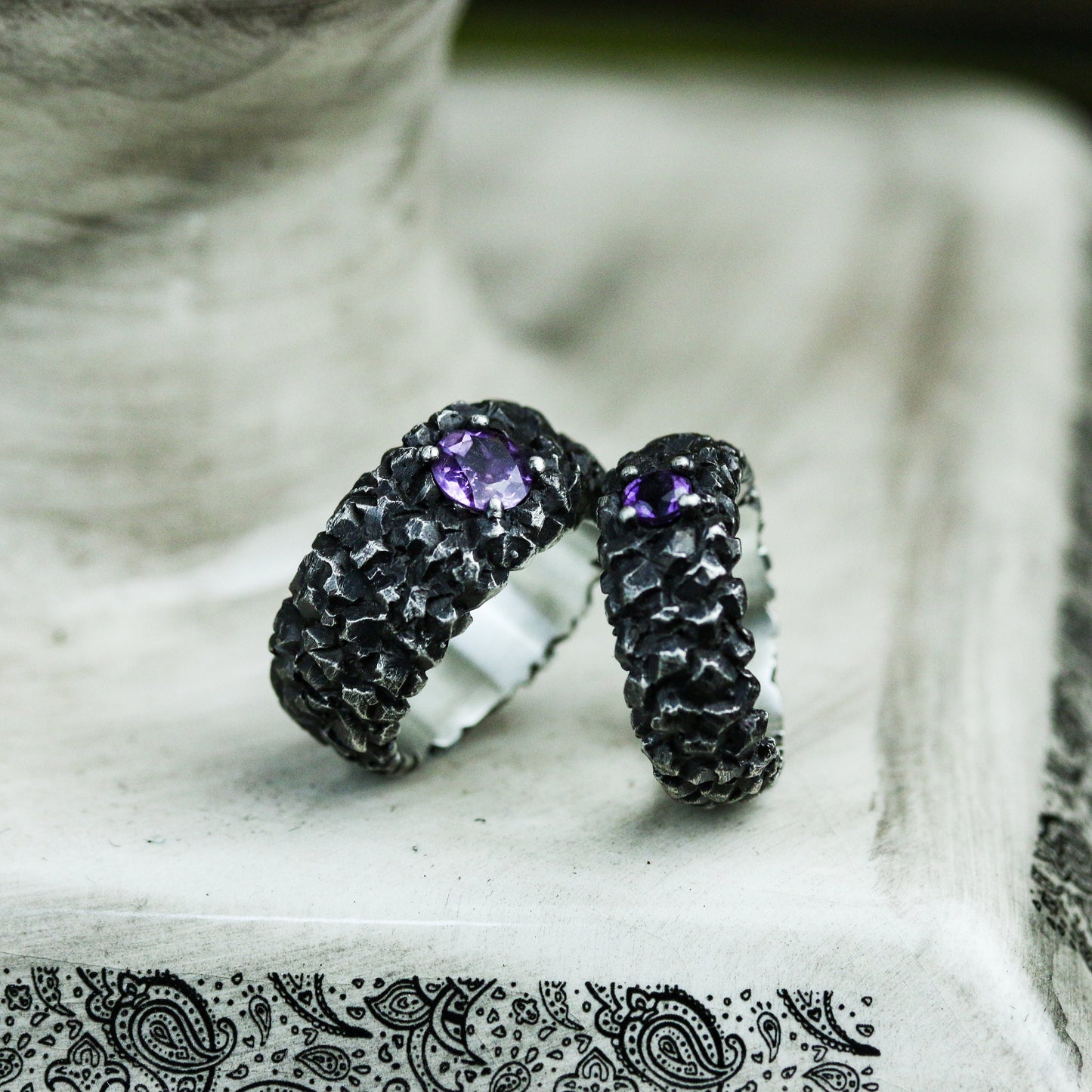 Rock 925 silver ring, Inlaid amethyst couple ring, Chinese five elements Earth ring, holiday gift jewelry sterling silver-Craftsman made - SATANHORN