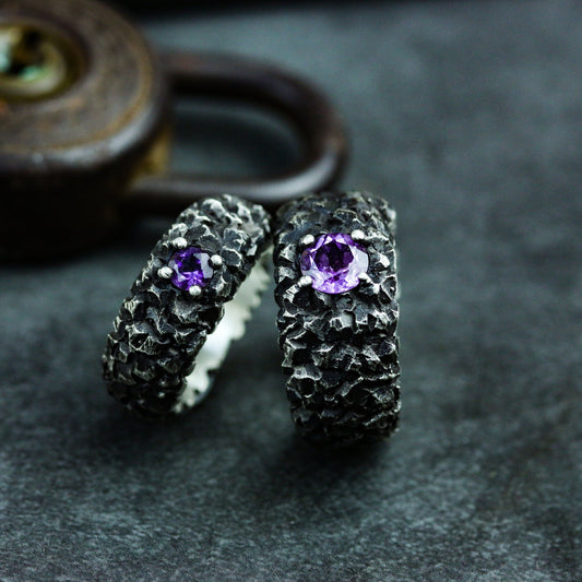 Rock 925 silver ring, Inlaid amethyst couple ring, Chinese five elements Earth ring, holiday gift jewelry sterling silver-Craftsman made - SATANHORN