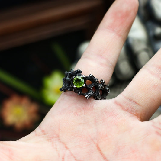 Peridot 925 silver ring, Chinese five-element wood, couple rings, male and female rings, Silver jewelry for holiday gift-Craftsman made - SATANHORN
