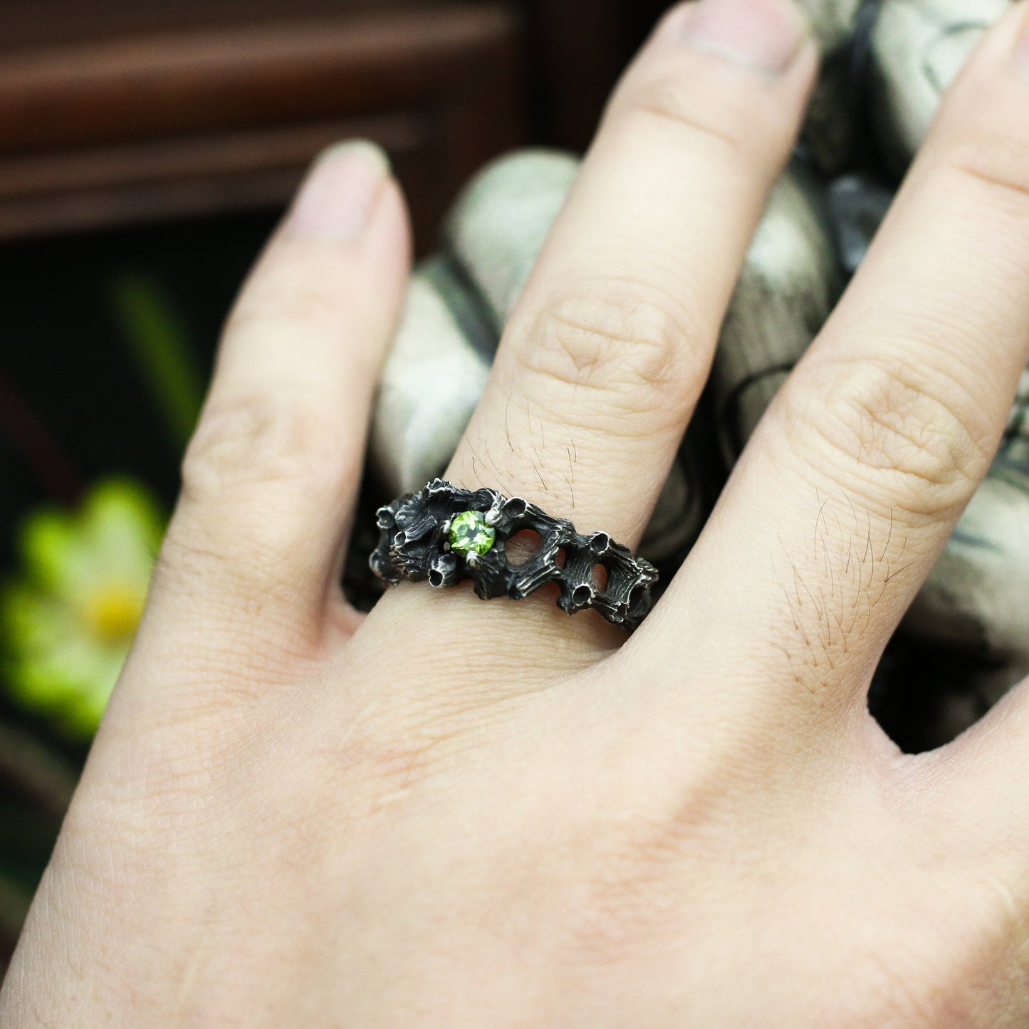 Peridot 925 silver ring, Chinese five-element wood, couple rings, male and female rings, Silver jewelry for holiday gift-Craftsman made - SATANHORN