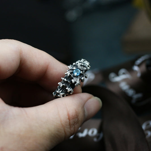 Topaz 925 silver ring, Chinese five-element water, unique inlaid ring, gem ring sterling silver gift-Craftsman made - SATANHORN