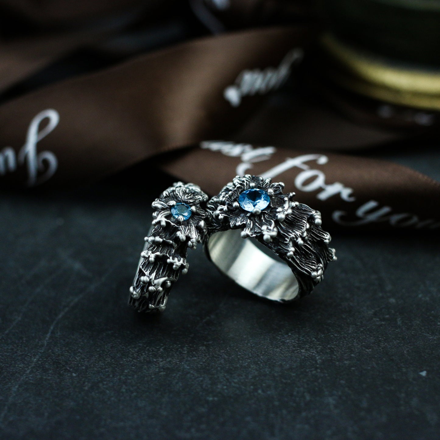 Topaz 925 silver ring, Chinese five-element water, unique inlaid ring, gem ring sterling silver gift-Craftsman made - SATANHORN