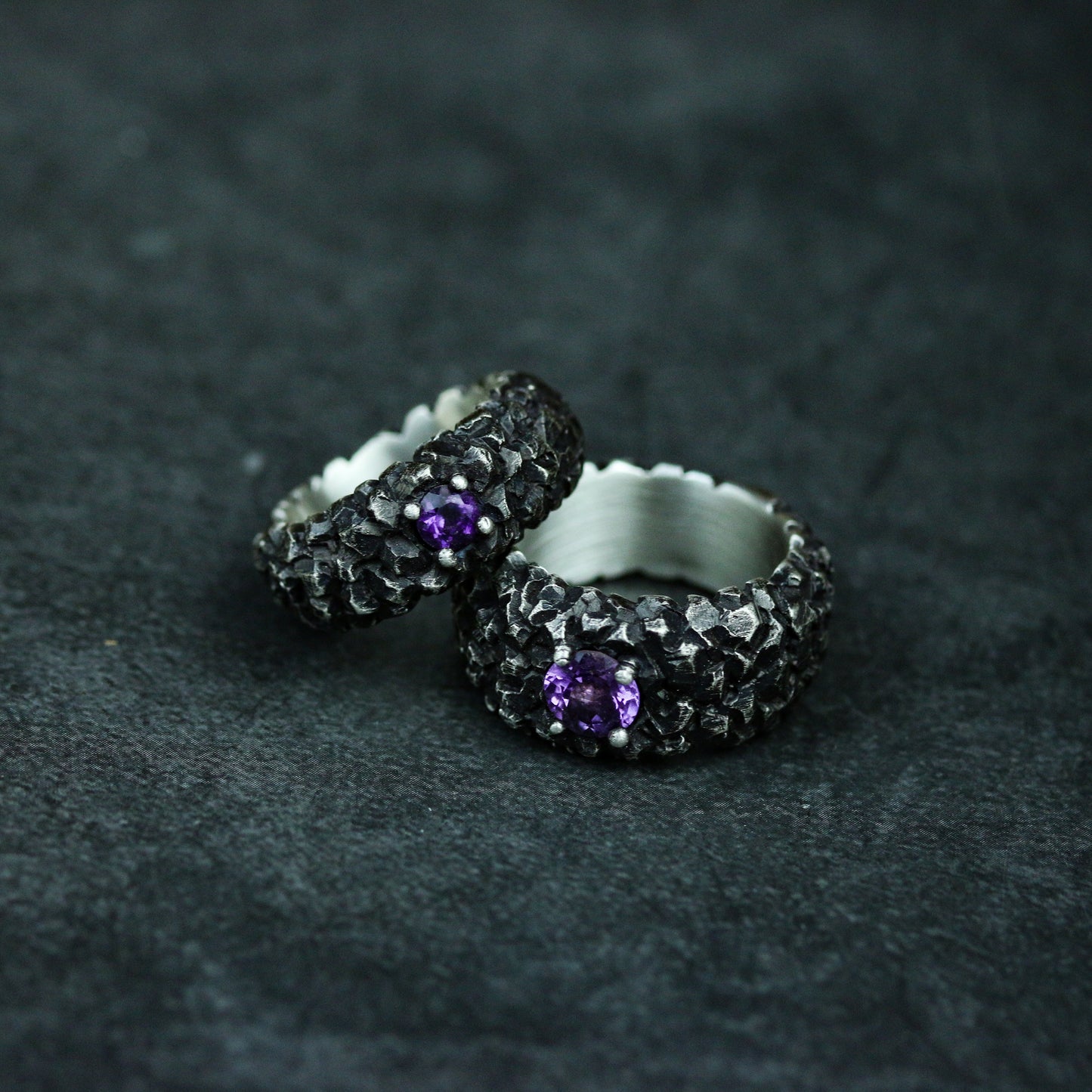 Rock 925 silver ring, Inlaid amethyst couple ring, Chinese five elements Earth ring, holiday gift jewelry sterling silver-Craftsman made - SATANHORN