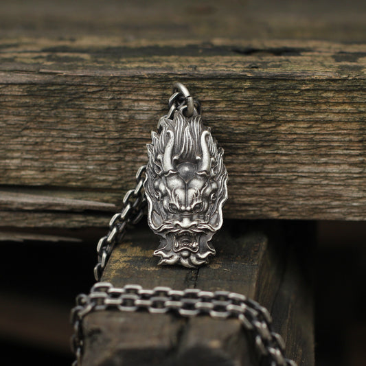 China Dragon 925 Silver pendant,Dragon Totem Silver Jewelry, dragon head tag-Craftsmen made