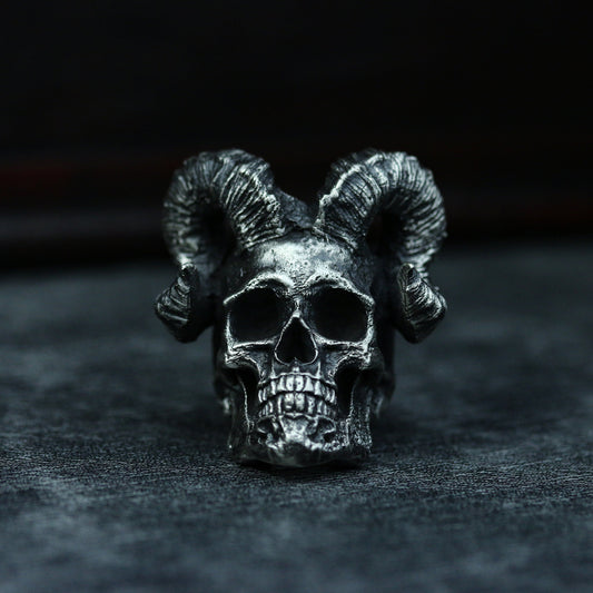 Horned skull 925 silver ring, devil horns skull sterling silver ring, personalized creative handmade gifts-craftsman made - SATANHORN