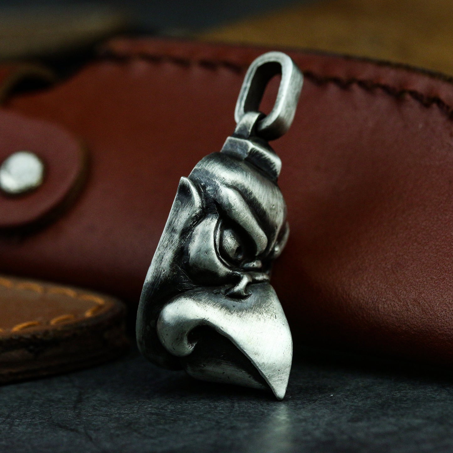 Karasu Tengu Japanese 925 Silver Dorei Bell Karasu kabuto necklace pendant, Crow Tengu Pair Samurai Battle Patch Karasu - Craftsmen made