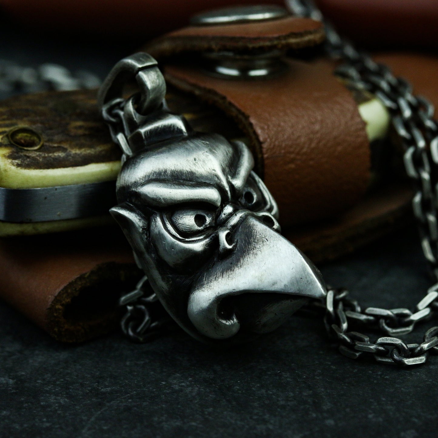 Karasu Tengu Japanese 925 Silver Dorei Bell Karasu kabuto necklace pendant, Crow Tengu Pair Samurai Battle Patch Karasu - Craftsmen made