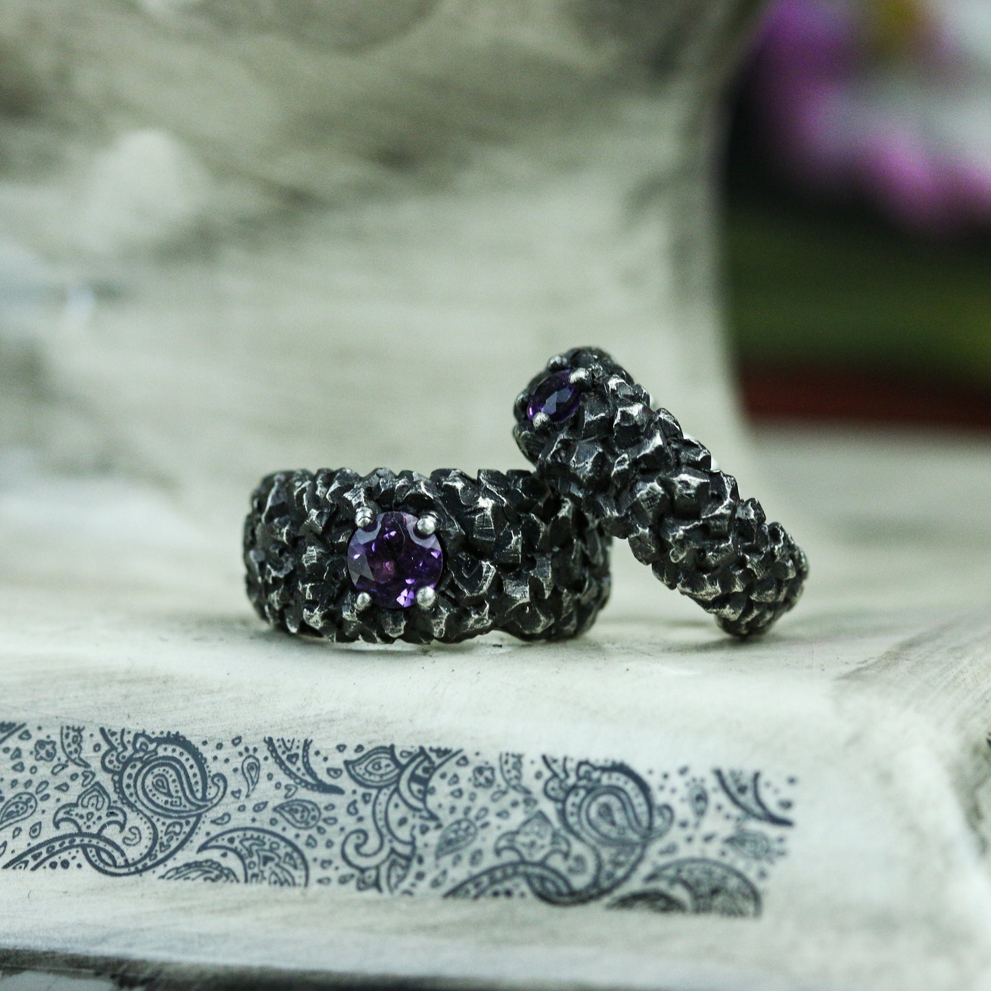 Rock 925 silver ring, Inlaid amethyst couple ring, Chinese five elements Earth ring, holiday gift jewelry sterling silver-Craftsman made - SATANHORN